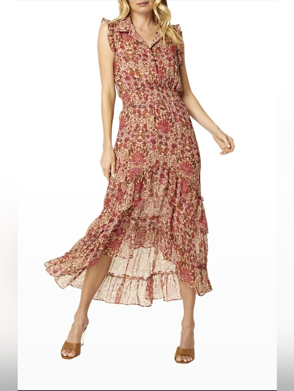 Misa Los Angeles Pink and Tan Floral Tiered Asymmetrical Maxi Dress